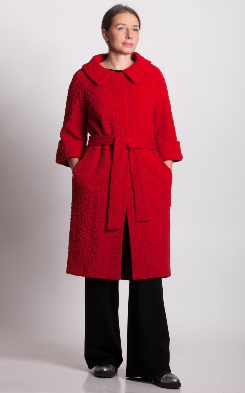 Red Coat With Textured Woven Volume Pattern Magnolica