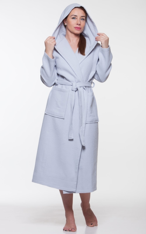 WAFFLE ROBE WITH HOOD AND BELT IN  blue-gray COLOUR Magnolica
