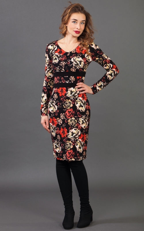 Red Floral Embroidered Office Cocktail Dress Magnolica