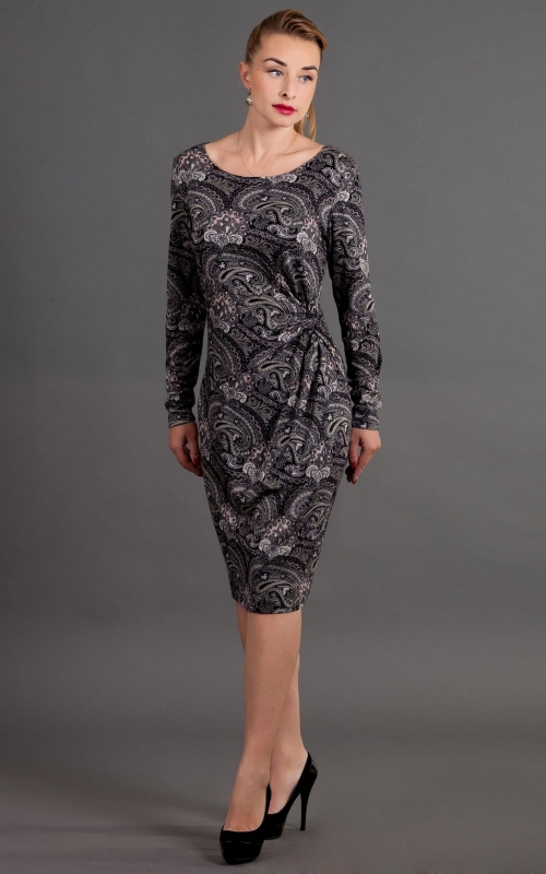 Paisley Patterned Navy And Grey Casual Office Dress Magnolica