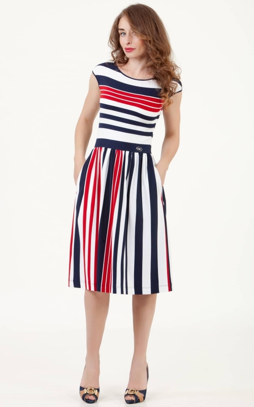 Blue And Red Striped Summer And Silver Spring Dress Magnolica
