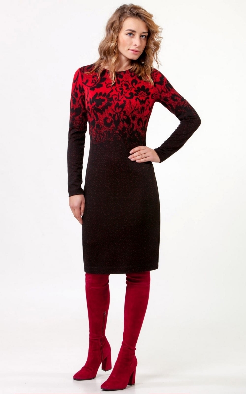 Платье повседневное офисное коричнево-красное с узором Magnolica