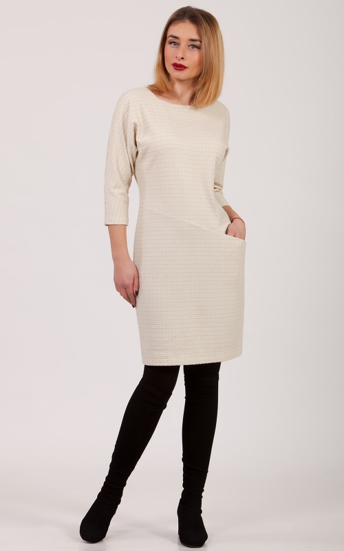 Casual White Office Dress With Textured Weave Magnolica