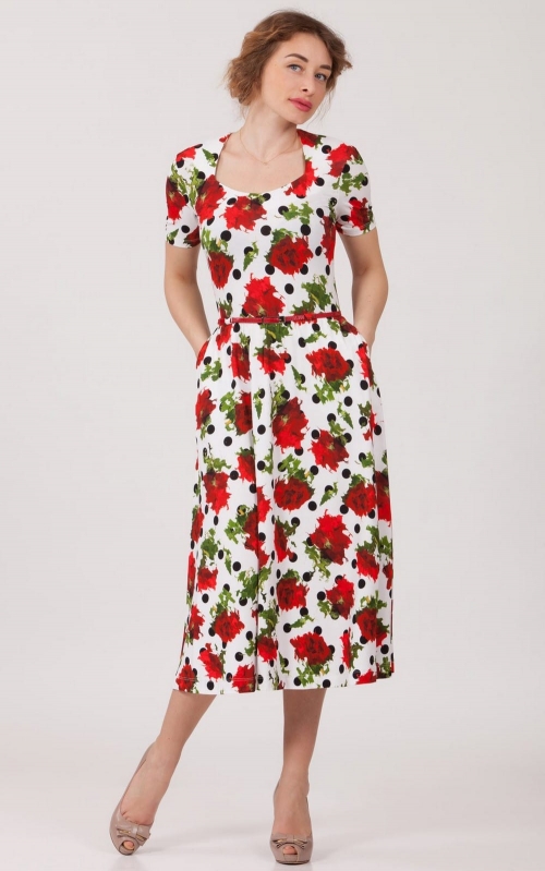 Платье весенне-летнее белое с красными цветами Magnolica
