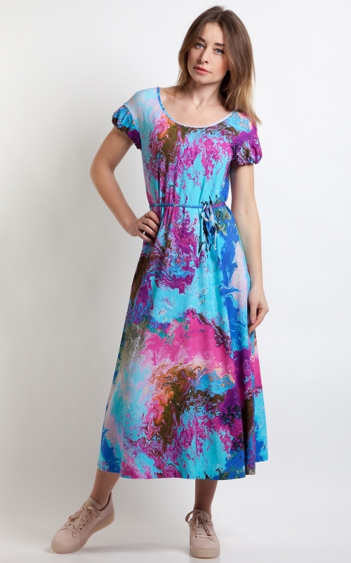 Gaisi zila pavasara-vasaras trikotazas kleita ar ziedu printu Magnolica
