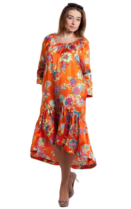 Шелковое летнее платье апельсинового цвета с цветочным узором Magnolica