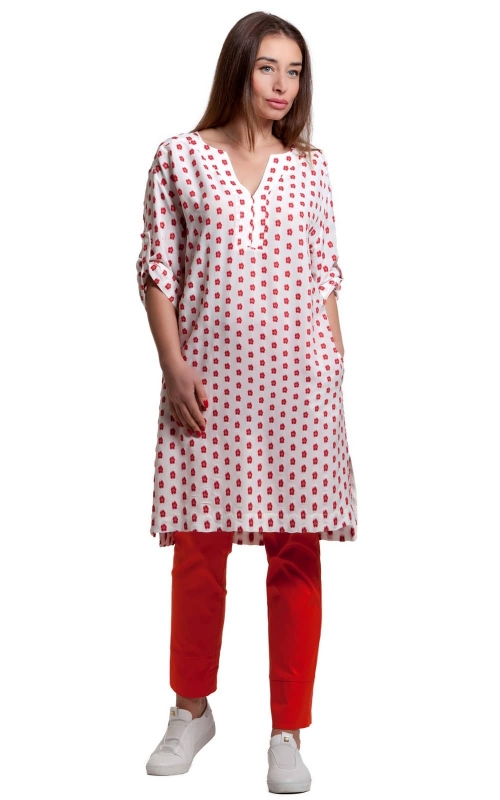 Balta ikdienas kreklkleita ar sarkanu puku printu Magnolica