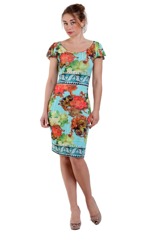Sky Blue Spring-Summer Dress With Aquarelle Floral Pattern Magnolica
