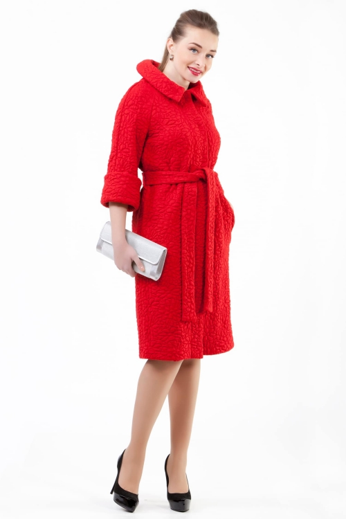 Red Acrylic Coat With Textured Woven Volume Pattern Magnolica