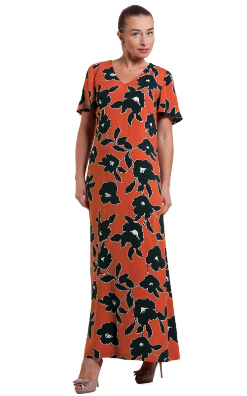 Oranza pavasara-vasaras kleita ar melnu rakstu, V- izgriezums Magnolica