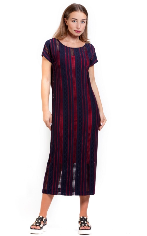 Blue Openwork Spring-Summer Dress With Vertical Stripes Magnolica