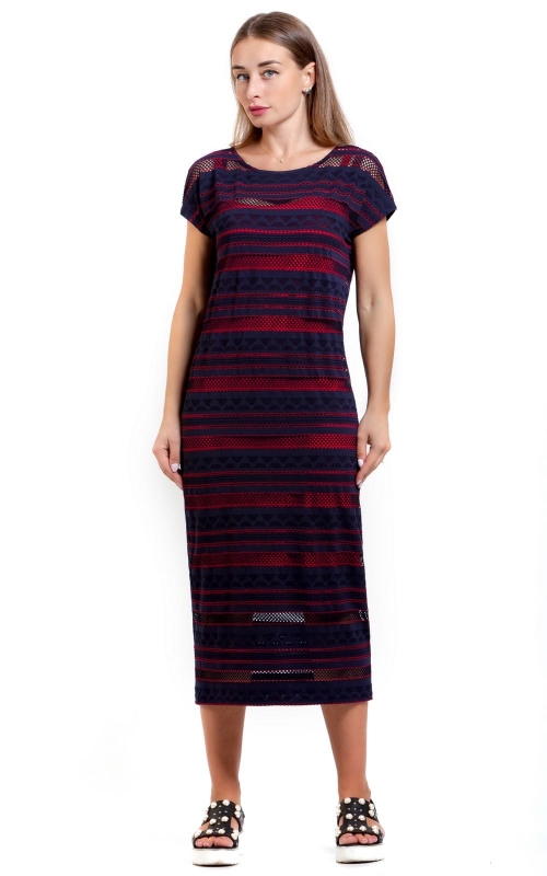 Blue Openwork Spring-Summer Dress With Horizontal Stripes Magnolica