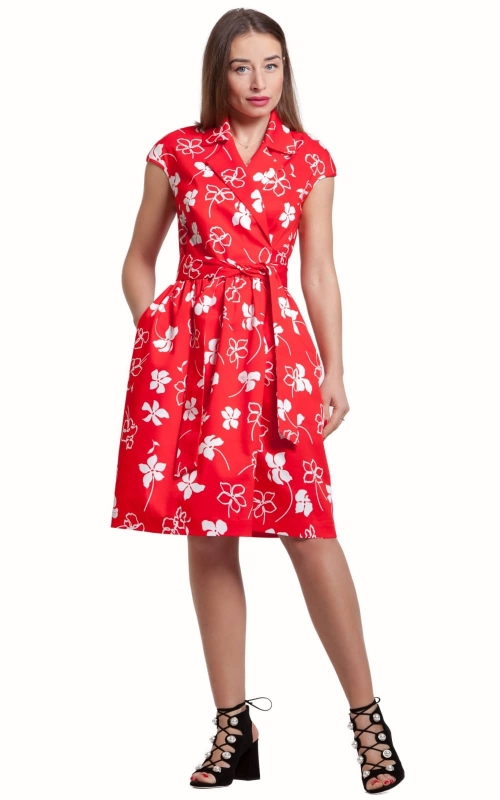 Red Summer Spring And Summer Dress With White Flowers Magnolica