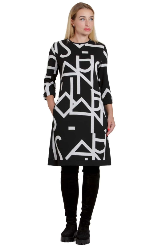 Black Casual Casual Office Dress With White Geometric Pattern Magnolica