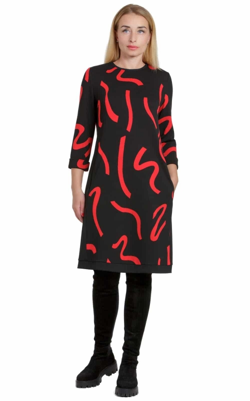 Casual Black Office Dress With Red Geometric Pattern Magnolica