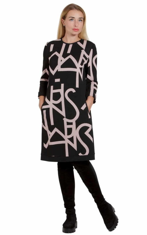 Black Geometric Patterned Casual Office Dress Magnolica