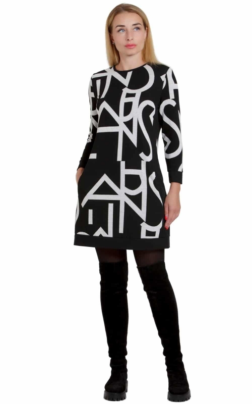 Casual Black Office Dress With White Geometric Pattern Magnolica