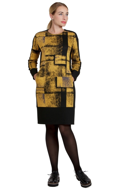 Black Casual Casual Office Dress With Yellow Geometric Pattern Magnolica