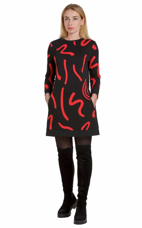 Платье-туника офисное черное с красным геометрическим узором Magnolica