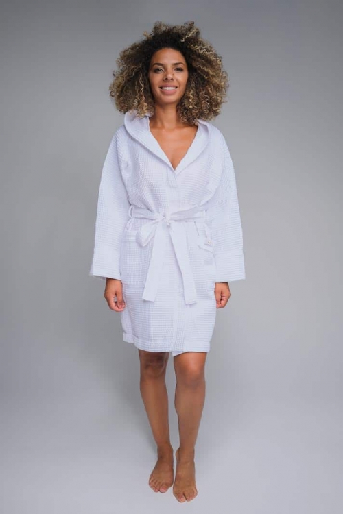 short waffle robe with hood and belt in white colour  Magnolica