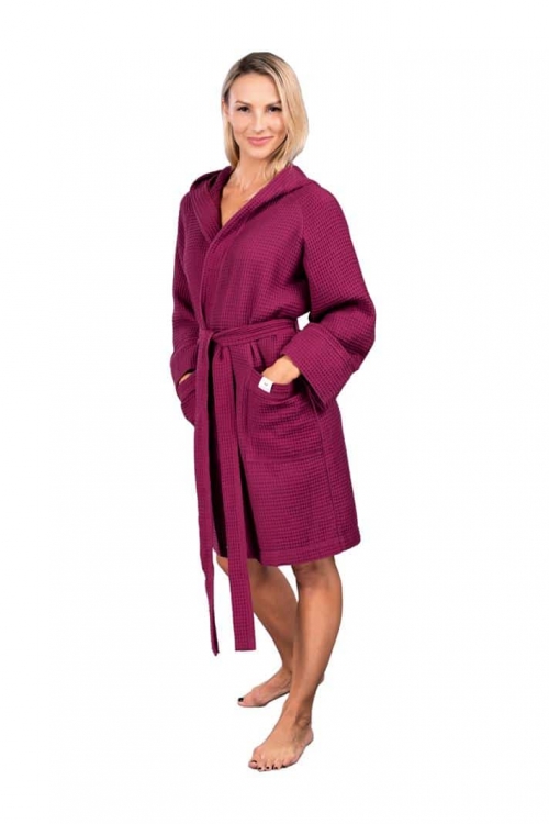 short waffle robe with hood and belt in  burgundy colour  Magnolica