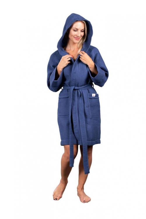 short waffle robe with hood and belt in blue colour  Magnolica