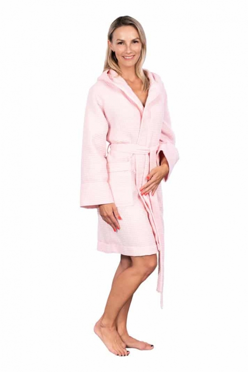 short waffle robe with hood and belt in pink colour  Magnolica
