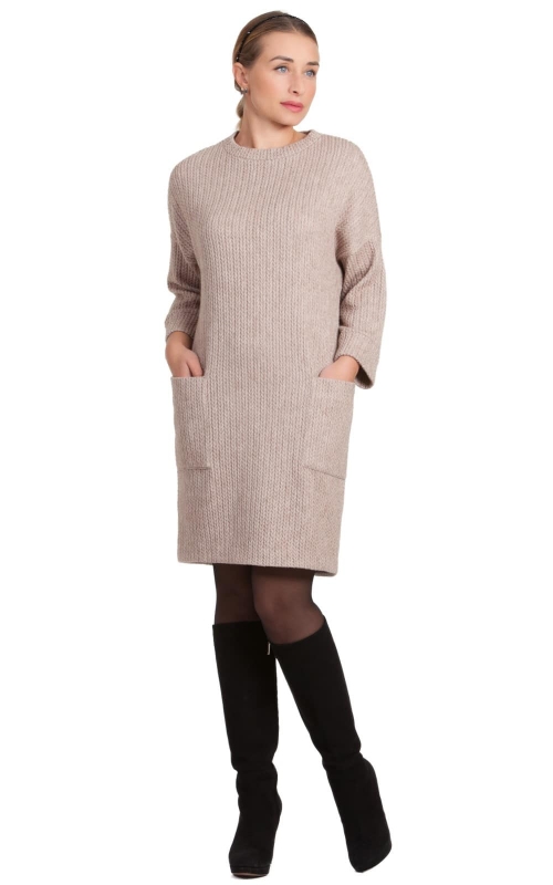 Warm, cozy winter dress-TUNIC made of soft fluffy MIXED JERSEY IN BEIGE Magnolica