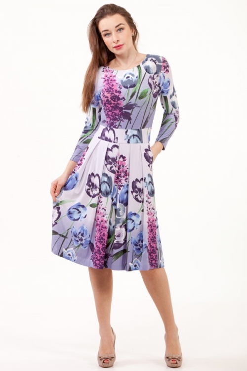 Violeta pavasara-vasaras ikdienas kleita ar akvarelu krasas printu Magnolica