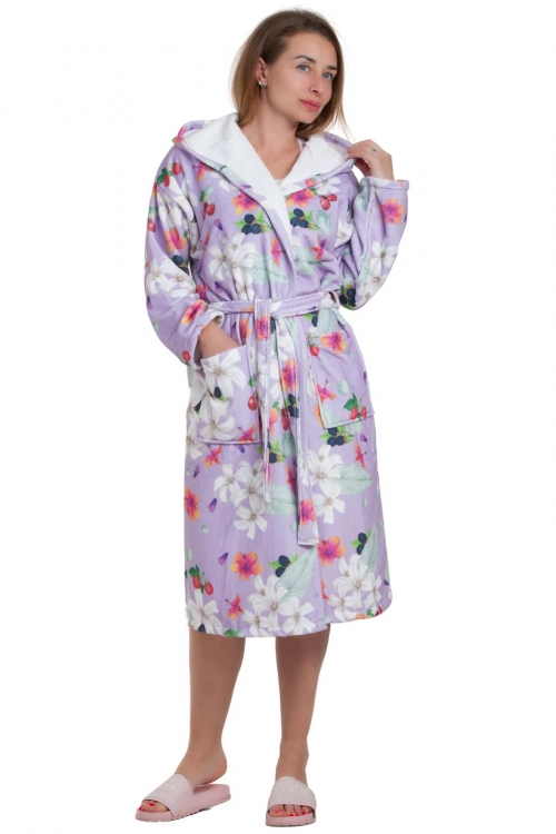 long cotton robe with hood and belt in violet color Magnolica