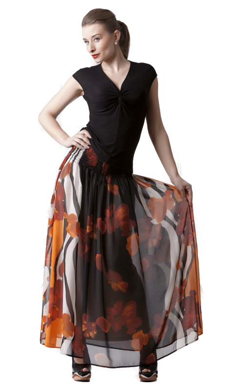 Orange Flared Midi Skirt Magnolica