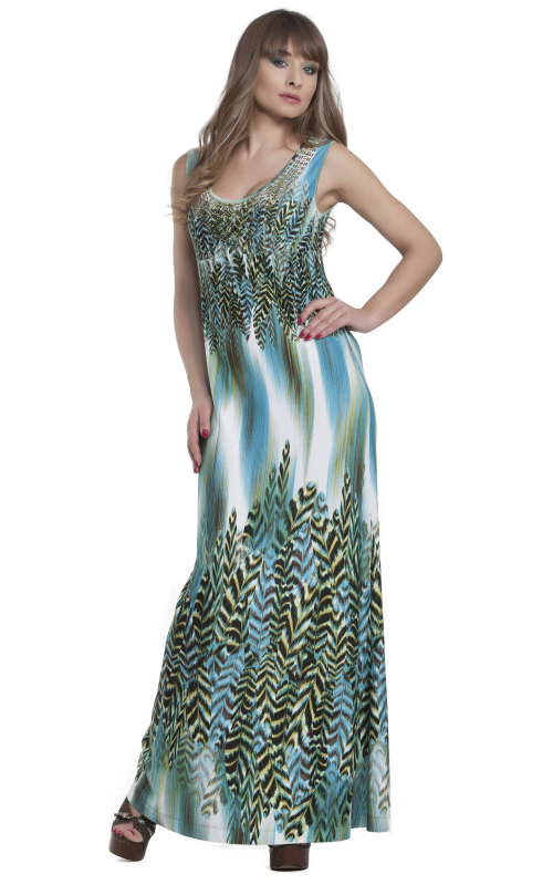 Tirkiza krasas ikdienas pavasara-vasaras kleita ar akvarelu apdruku Magnolica