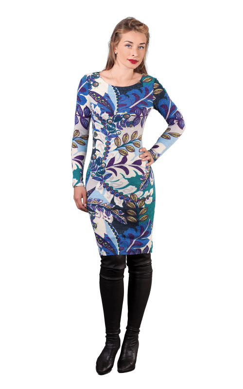 Blue Floral Print Casual Office Dress Magnolica