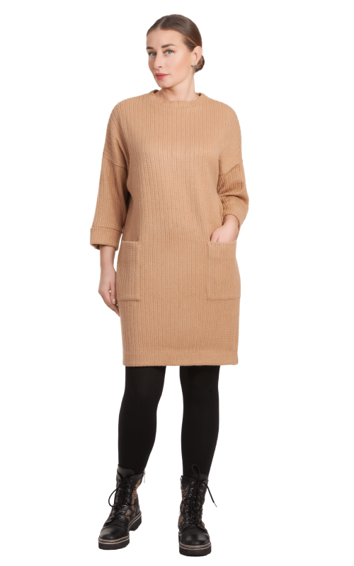 WARM,COZY WINTER DRESS-TUNIC MADE OF SOFT FLUFFY MIXED JERSEY IN CARAMEL COLORS Magnolica